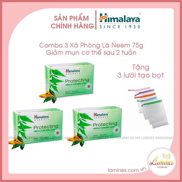 [Quà Tặng] Combo 3 Xà Phòng Giảm Mụn Cơ Thể Từ Lá Neem Himalaya Neem Turmeric Soap 75g - Tặng Lưới Tạo Bọt