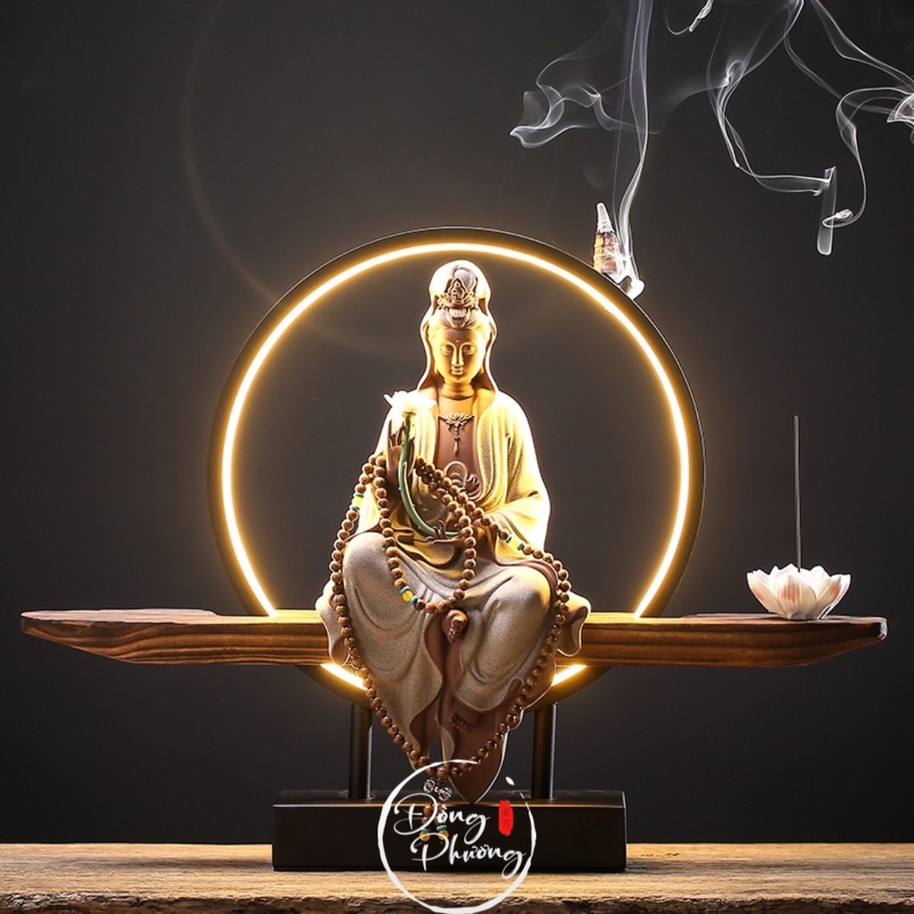 Tượng Quan Thế Âm Bồ Tát Gốm Tử Sa - Tượng Phật Trang Trí Decor Đèn Led Cao Cấp