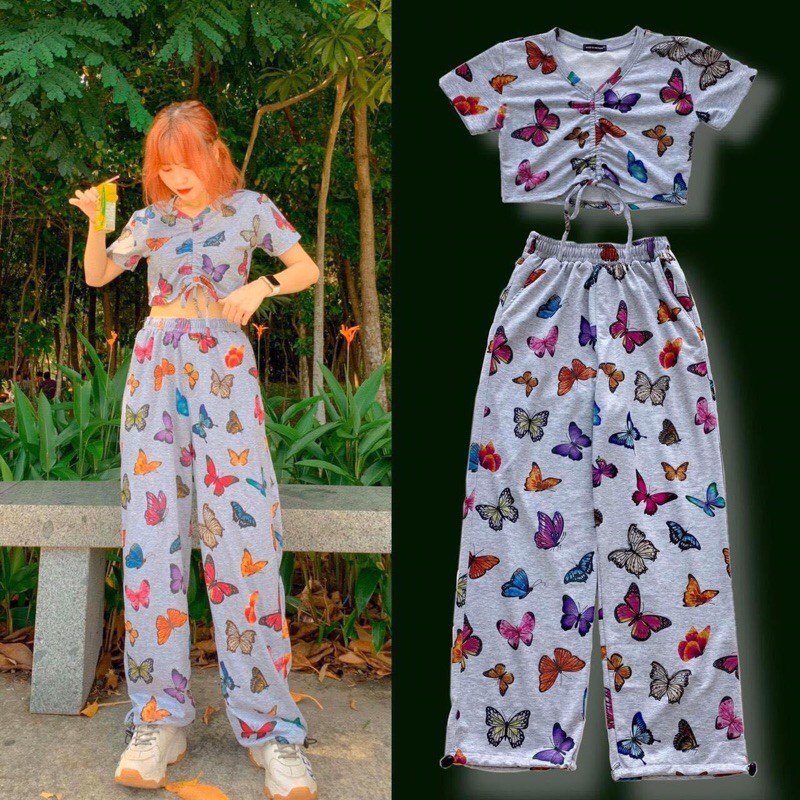 Set Butterfly Bướm CropTop Dây Rút+ Quần Long Pant Kèm Ảnh Thật