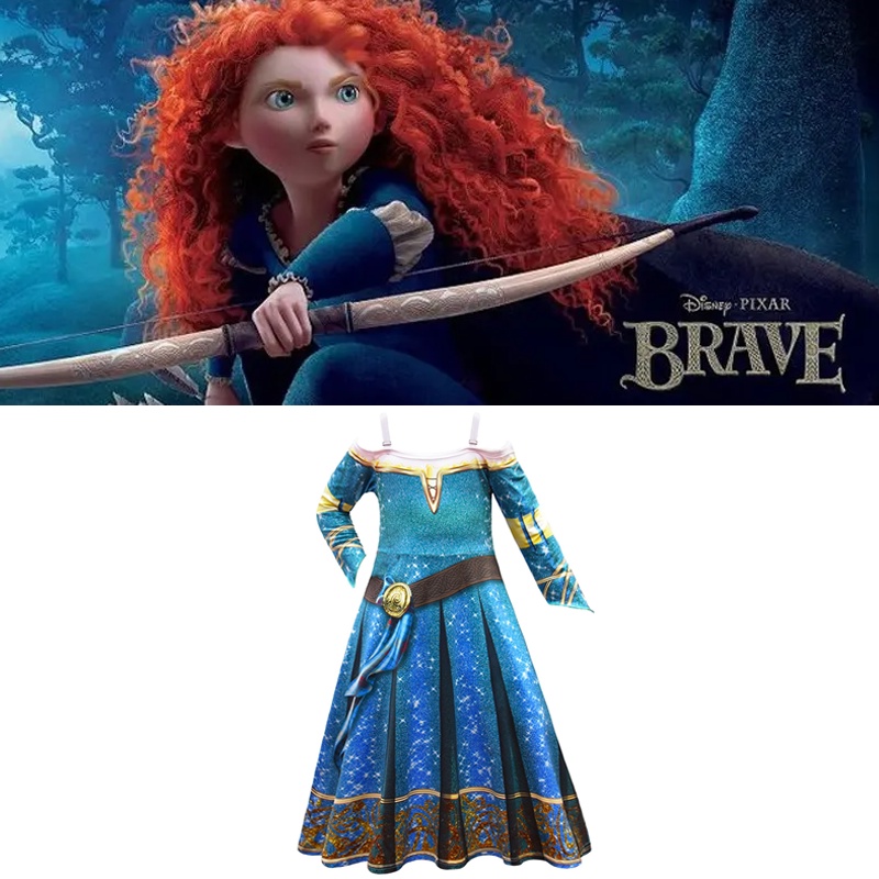 2022 Girls Princess Merida Costume Brave Cosplay Costume Vintage Long Sleeve Shoulderless Dress Birthday Party Dresses
