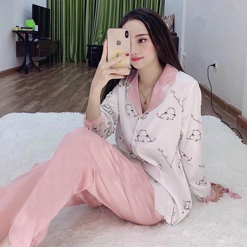 [FREE SHIP] Bộ đồ Pijama lụaBộ lụa satin hoạ tiết MEOW mát lịm [HÀNG SIÊU ĐẸP]