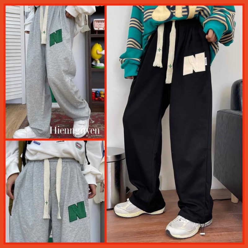 Quần Nỉ Dài Chữ N Thêu  Unisex [FREESHIP]  Jogger phối dây bản to ống boom cạp chun thể thao kiểu dáng hàn quốc