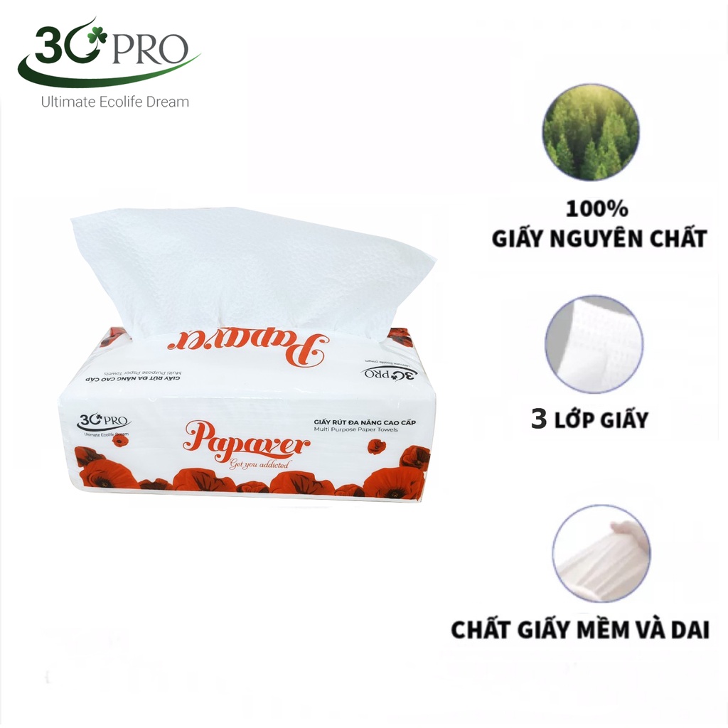 Khăn giấy rút đa năng cao cấp Papaver, 100% bột giấy nguyên sinh, 200 tờ 2 lớp siêu mềm siêu dai