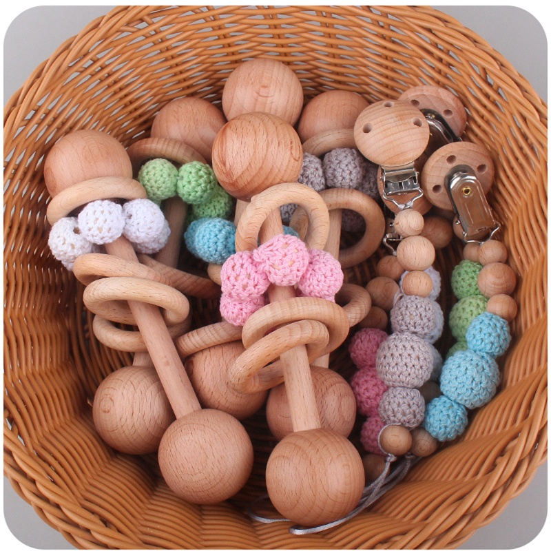 Bộ 2 Chuông Lục Lạc Đồ Chơi Ngậm Mọc Răng Bằng Dây Chuỗi Hạt Len Kẹp Núm Vú Giả Có Thể Làm Giá Đỡ Cho Bé