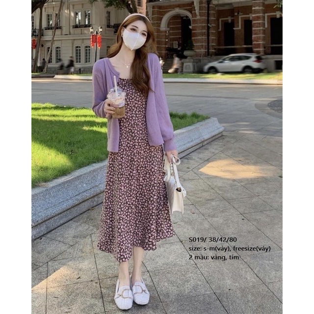Set váy hoa nhí dáng chữ A + áo khoác len Cardigan siêu hot hit