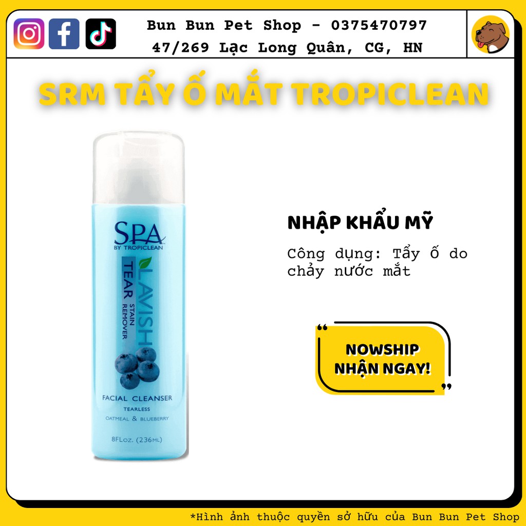 Sữa rửa mặt tẩy ố mắt do chảy nước mắt cho chó mèo Tropiclean