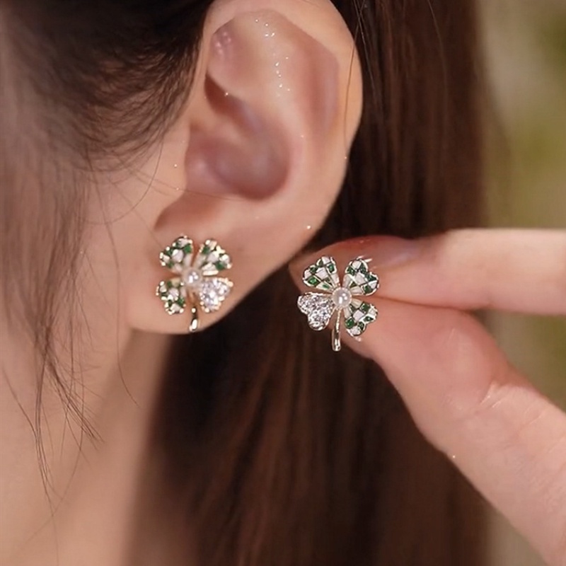 Hoa tai cỏ ba lá kim cương Hoa tai phụ nữ Hàn Quốc Hoa tai phong cách thời trang