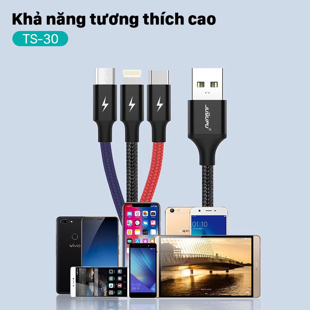 Dây sạc 3 đầu FENGZHI X116 bộc dù 3A cáp sạc chính hãng cho iPhone Samsung Oppo Vivo Huawei Xiaomi