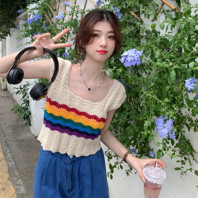 Áo Dệt Kim Hai Dây Dáng Rộng Kẻ Sọc Cầu Vồng Xinh Xắn
