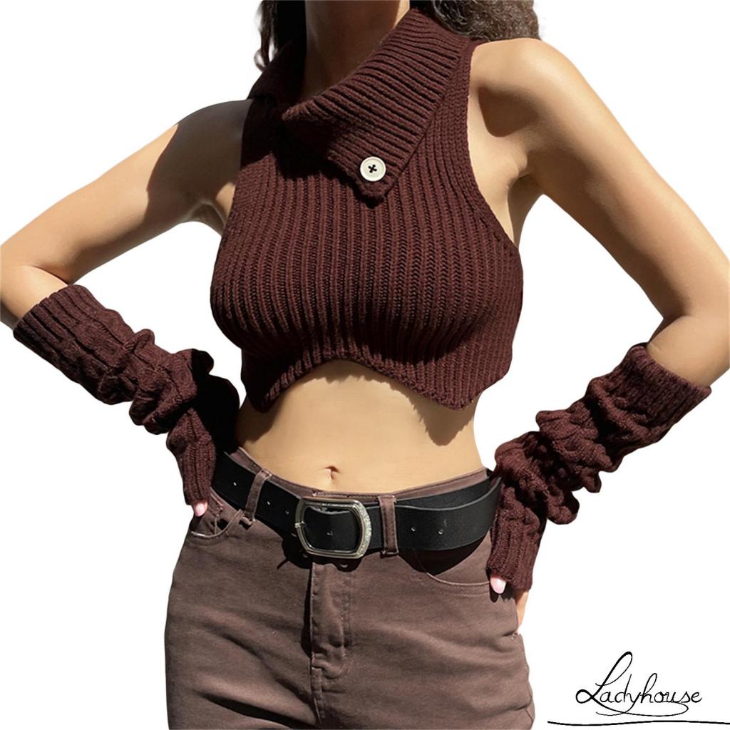 Áo Croptop Dệt Kim Hai Dây Cổ Cao Màu Nâu Thời Trang Mùa Hè Cho Nữ