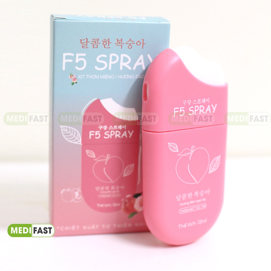 Xịt thơm miệng F5 Spray vị đào, dâu - Lọ 12ml thơm mát, làm sạch hơi thở, vệ sinh răng miệng - chiết xuất từ thảo dược