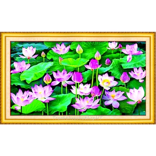 Tranh thêu chữ thập - Tranh đính đá hoa sen ngát hương VS136: 90x53cm, LV3376: 150*80cm - tự đính