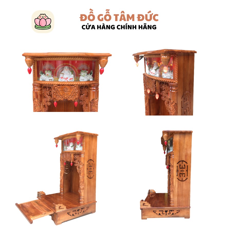 Bàn thờ ông địa thần tài ngang 48cm hộp đèn ông di lặc chân vuông Tâm Đức gỗ xoan đào tặng bộ đèn (BH-6tháng)