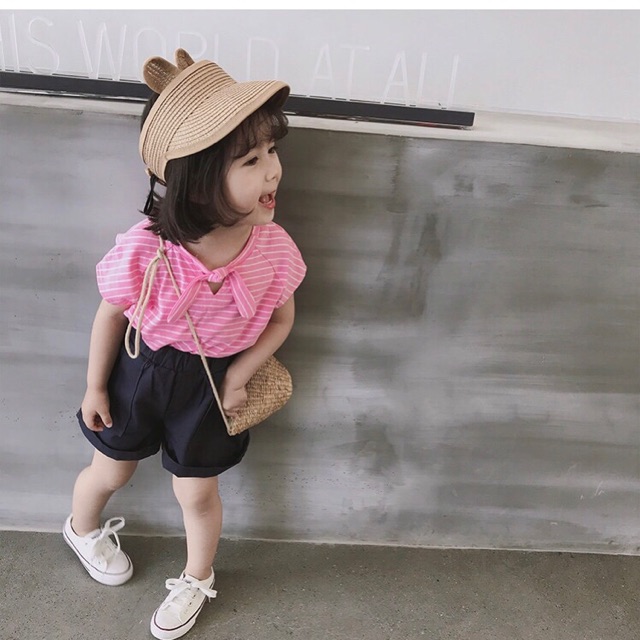 Set 01 túi cói chéo 01 mũ bất kỳ (tai thỏ hoặc vành rộng) cho bé gái 02-08 tuổi đi biển đi chơi siêu xinh