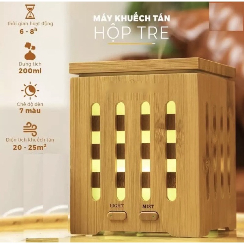 Máy Xông Tinh Dầu Đèn Xông Tinh Dầu Hộp Tre Vuông Cao Cấp (Gỗ Tre Thật)