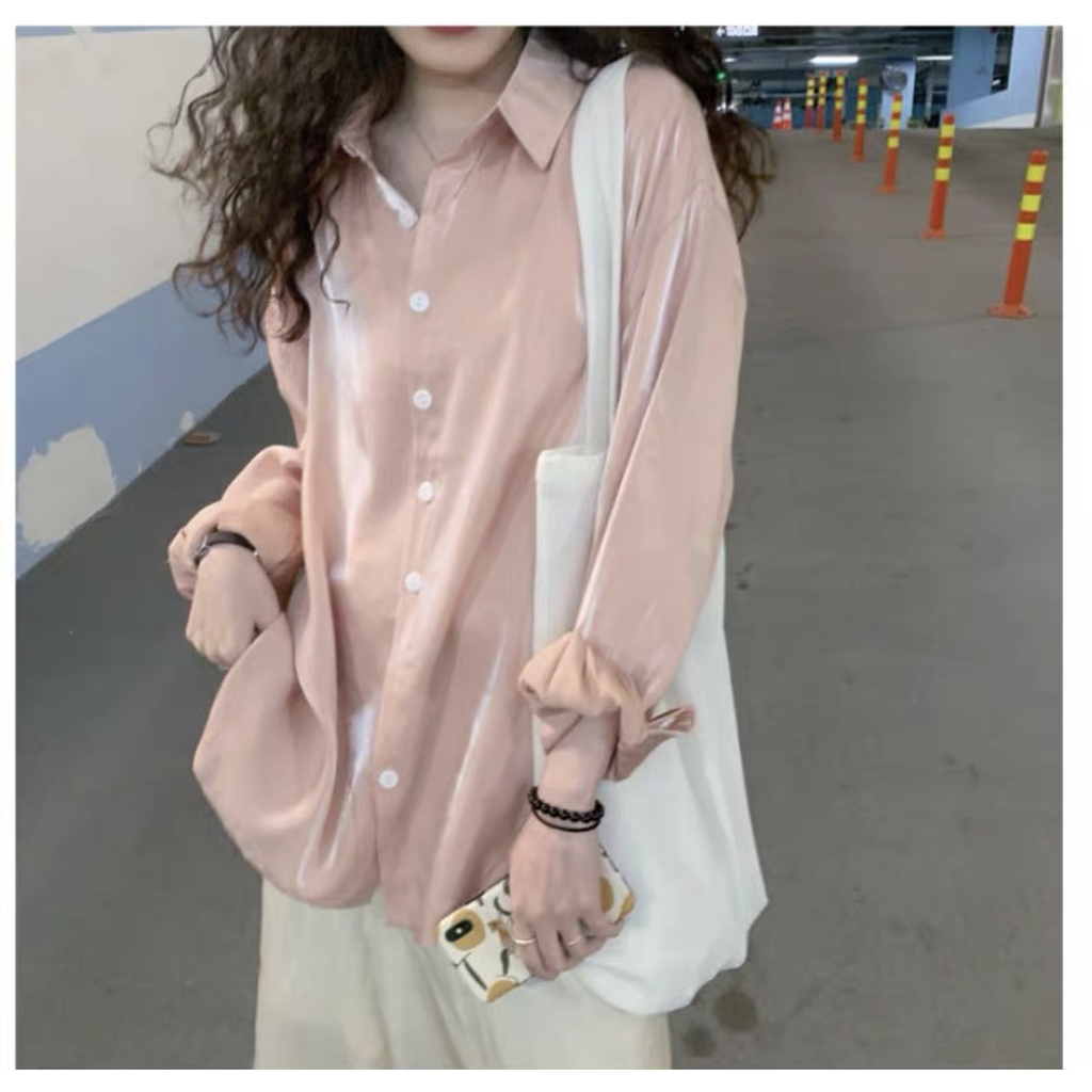 Áo sơ mi lụa mềm mại tay dài hồng pastel cho mùa hè năng động