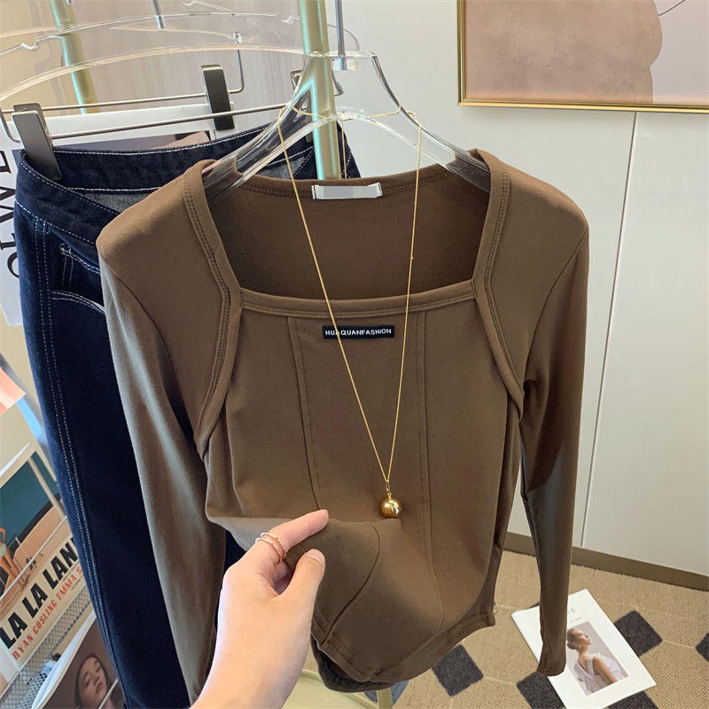 Áo Thun Tay Dài Cổ Vuông Chất Liệu Cotton Thời Trang Cho Nữ