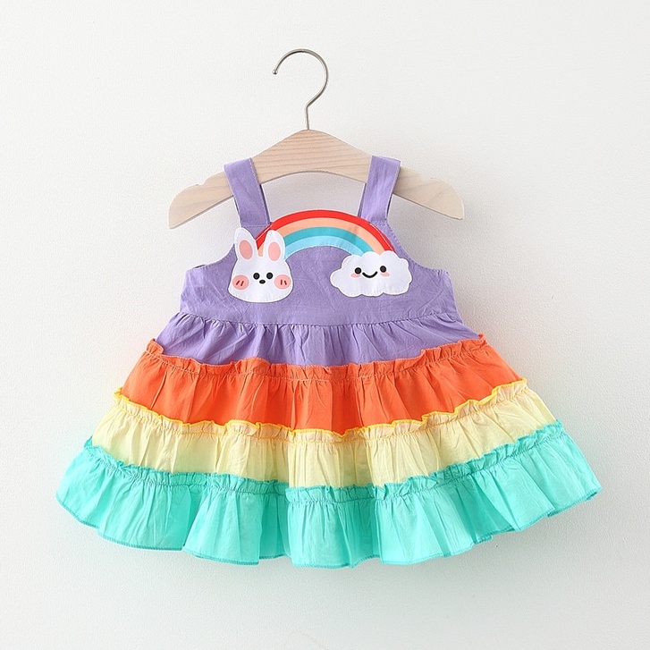 Đầm Cotton Hai Dây Màu Cầu Vồng Xinh Xắn Thời Trang Mùa Hè Cho Bé Gái
