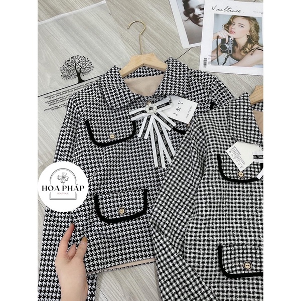 Áo khoác dạ kẻ nắp túi kèm tag nơ siêu xinb(ảnh thật shop chụp)