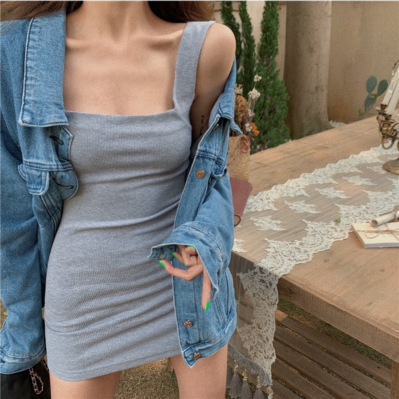 DUNEA Đầm Hai Dây Cổ Vuông Màu Trơn Thiết Kế Ôm Sát Tôn Dáng Thời Trang Cho Nữ