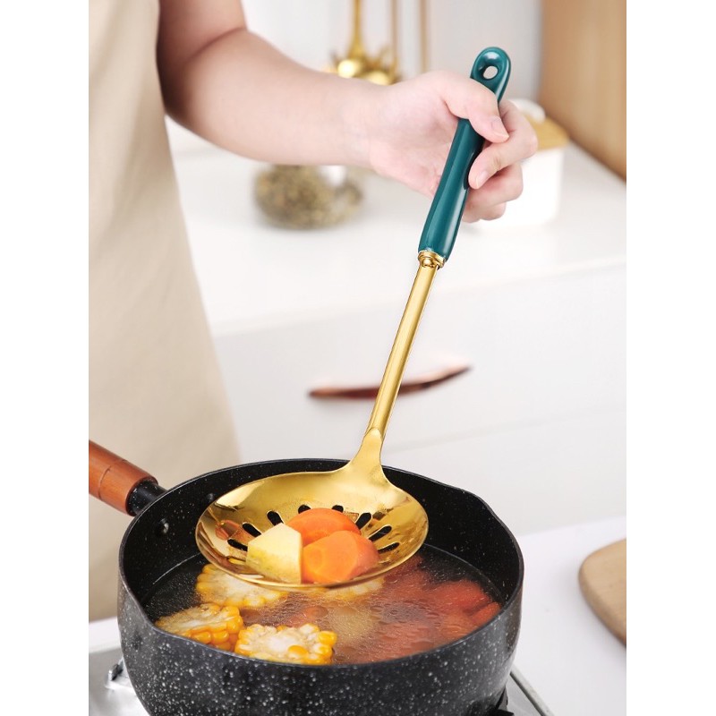 SẴN - GIAO HỎA TỐC 2H - Bộ dụng cụ nhà bếp Muôi muỗng thìa cán sứ mạ vàng, nấu ăn phong cách Châu Âu