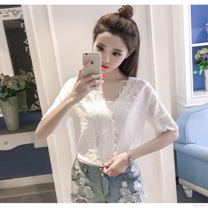 Áo nữ ngắn tay cổ V viền ren màu trơn thời trang nữ