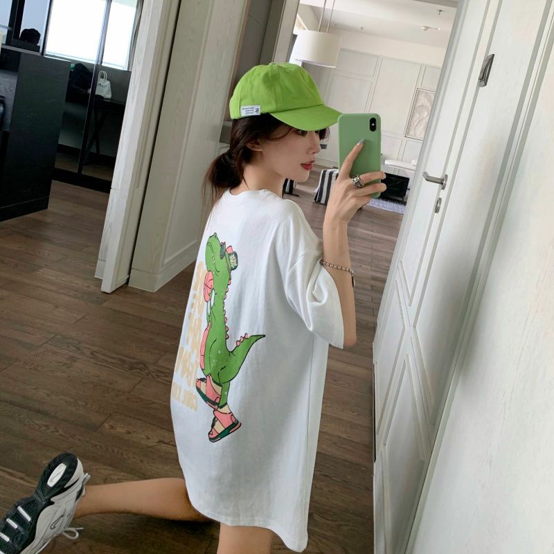 Áo Thun Tay Lỡ 100% Cotton Form Rộng Unisex In Hình Khủng Long