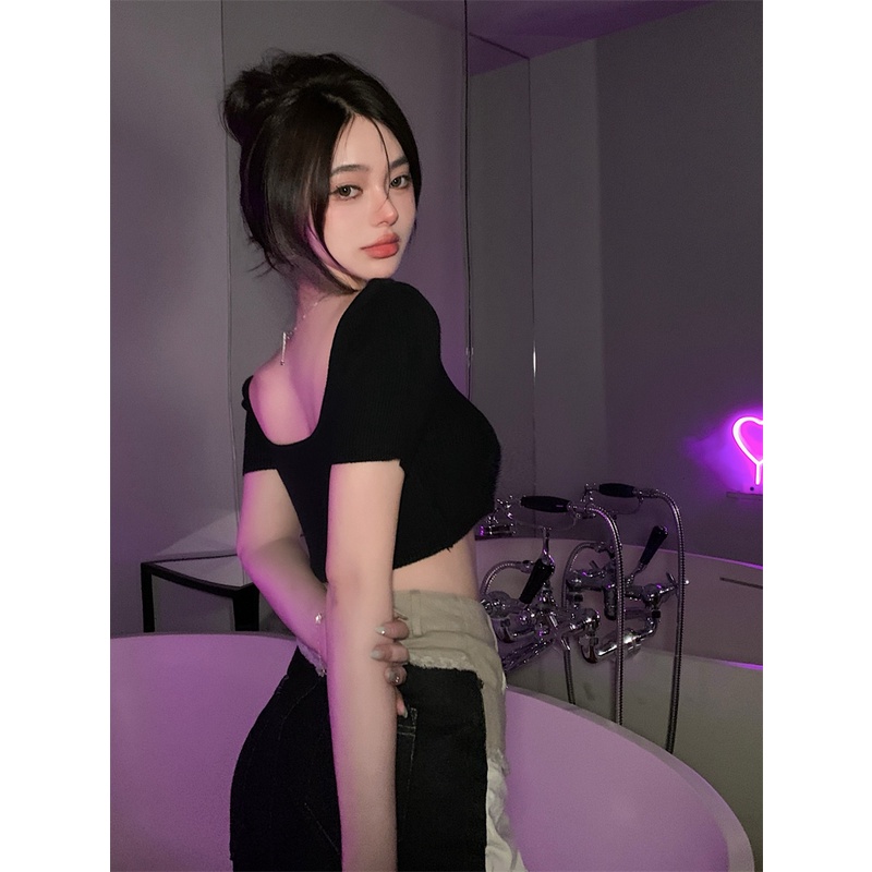 Áo Thun Ngắn Tay Cổ Vuông Thời Trang Hàn Quốc Cho Nữ