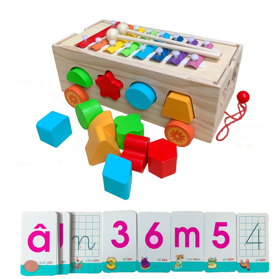 Xe kéo 2 Trong 1 Thả Hình Khối Kết Hợp Chơi Đàn 8 Thanh Vui Nhộn Tặng Kèm Thẻ 42 Chữ Và Số Đếm