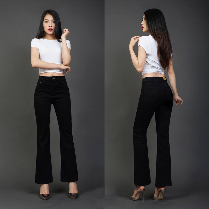 Quần jean loe đen trơn vải mềm co giãn | BigBuy360 - bigbuy360.vn