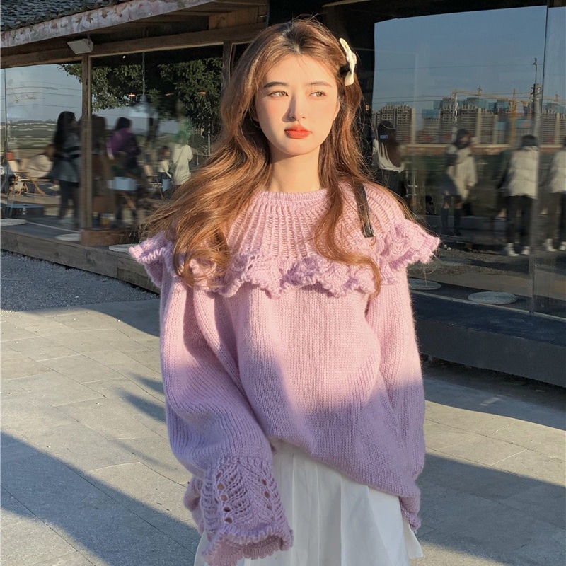 Áo Len Tay Dài Cổ Tròn Nhún Bèo Đơn Giản Thời Trang Phong Cách Hàn Quốc