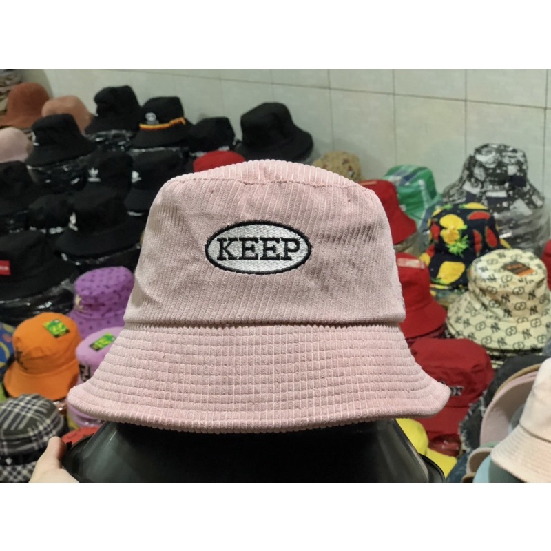 NÓN BUCKET NHUNG GÂN THÊU LOGO TRÒN CHỮ KÊP - Nón vành nam nữ