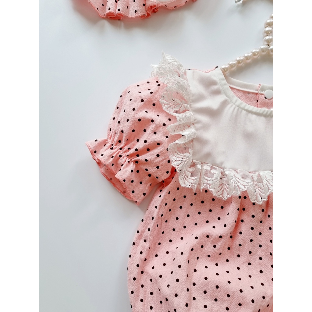 Bodysuit cho bé gái sơ sinh kèm nón và giày vải chất liệu mềm mát ⚡𝗙𝗥𝗘𝗘𝗦𝗛𝗜𝗣⚡ Set body cho bé gái chấm bi hồng dễ thương