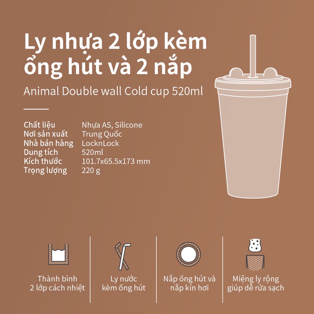 Ly Nhựa 2 Lớp Animal Lock&Lock Double Wall Cold Cup 520ml HAP511 / HAP512 - Hàng Chính Hãng