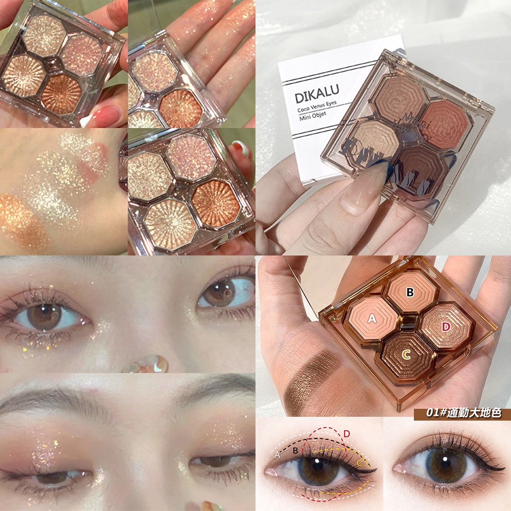 Bảng Phấn Mắt Dikalu Bốn Màu Lì Và Ánh Ngọc Trai Lấp Lánh Trang Điểm Hàng Ngày