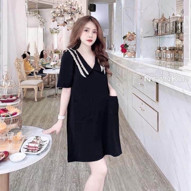 Váy suông chất đũi cổ bèo cổ freesize dáng rộng công sở - Đầm bầu thanh lịch có túi dạo phố hai màu đen vàng xinh xắn