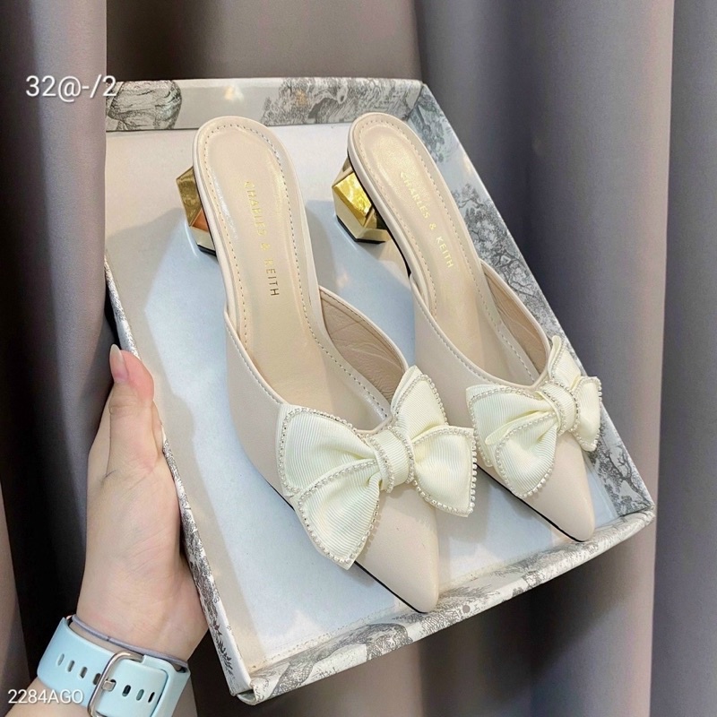 Guốc sục gót vàng 5p nơ viền đá hàng VNXK cao cấp sang chảnh