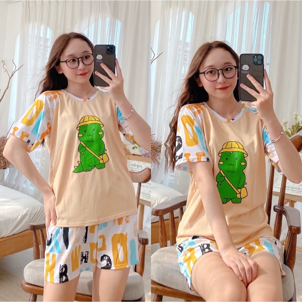 Set Đồ Bộ Thun Đùi vải thun họa tiết khủng long siêu Xinh Xắn One Size (40 đến 57k)