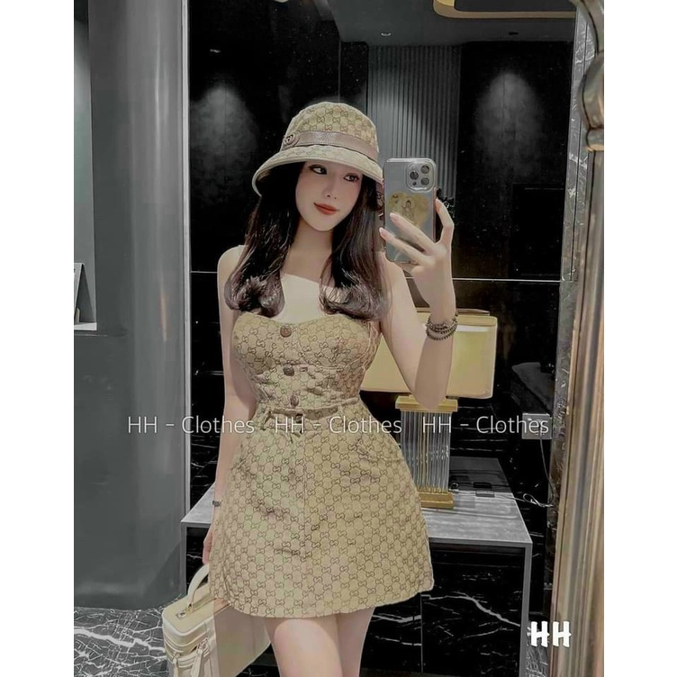 Đầm xòe phối họa tiết caro 2 dây cài nút ngực chất liệu for thời trang nữ trẻ trung năng động