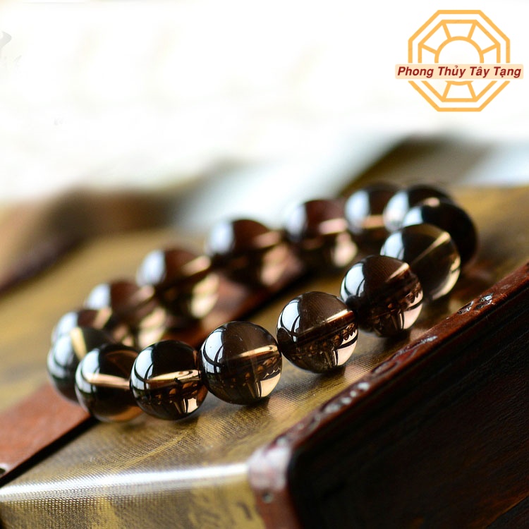 Vòng tay phong thủy màu Đen Khói may mắn bình an cho nam nữ mệnh Thủy Mộc tặng hộp gỗ cao cấp - Phong Thủy Tây Tạng