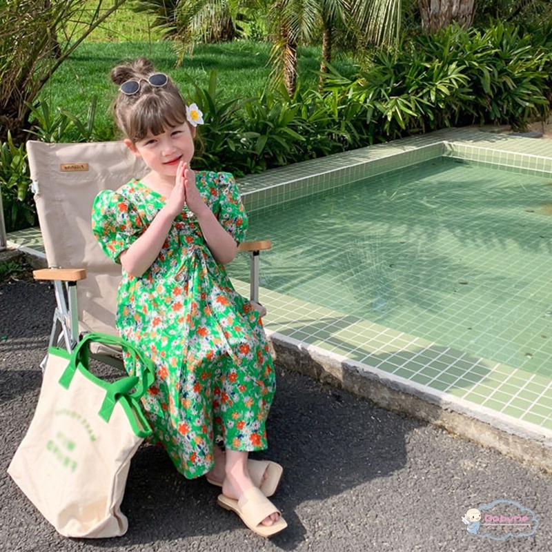 Đầm Công Chúa Tay Ngắn Phồng Cổ Chữ V In Họa Tiết Hoa Phong Cách Hàn Quốc Dành Cho Bé Gái