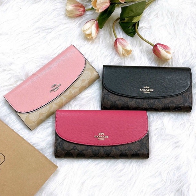 Ví Coach dài nắp tròn da thật pha canvas