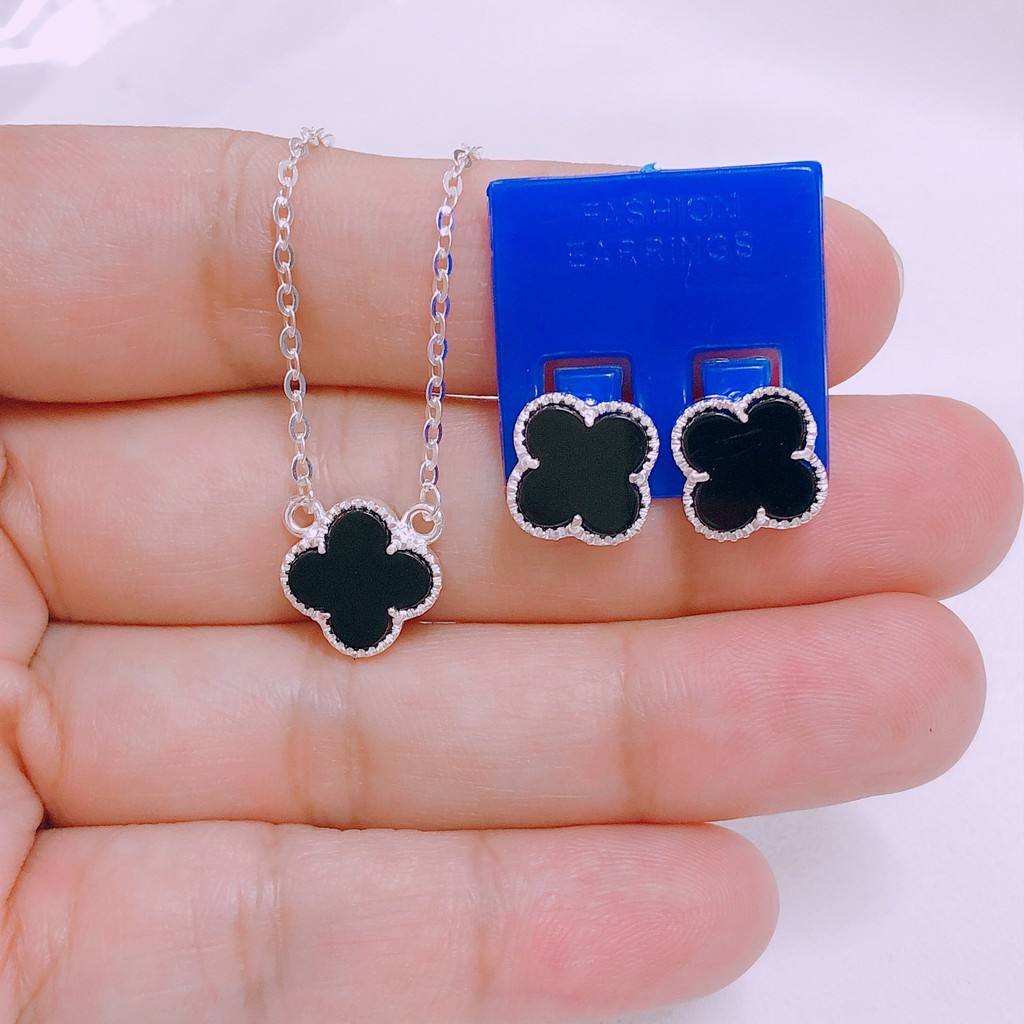 Bộ trang sức bạc ta cỏ 4 lá đen - Dây chuyền, Bông tai Bibi silver - BBS