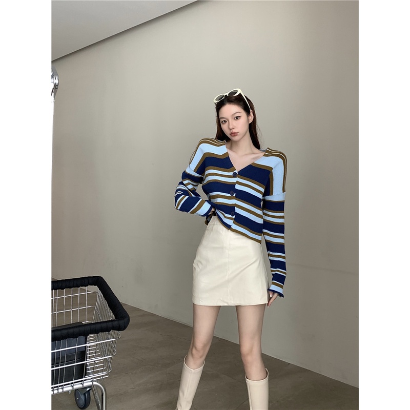 Áo cardigan ZHELIHANGFEI dệt kim tay dài cổ chữ V lưng cao kẻ sọc thiết kế quyến rũ cho nữ