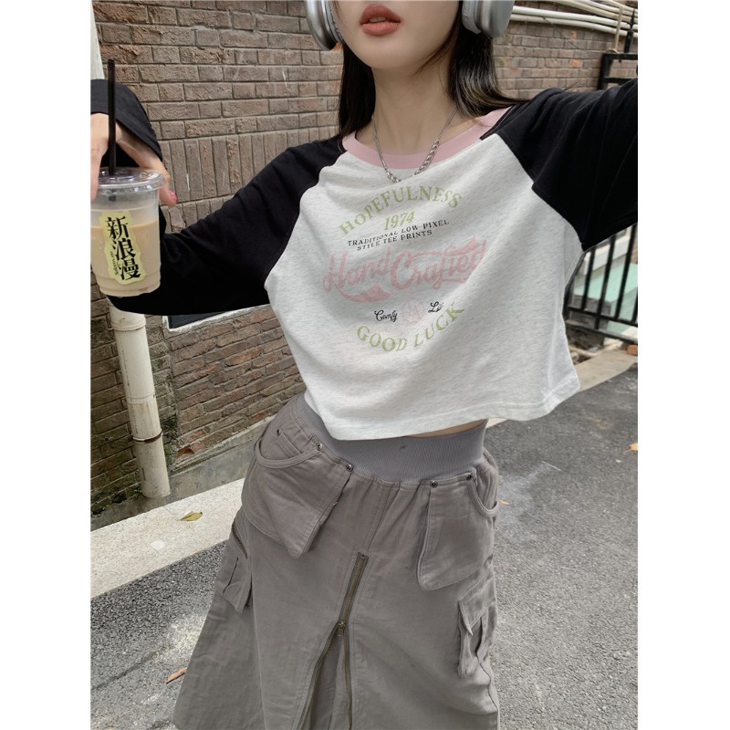 Áo thun dài tay mùa thu phối 2 màu tay áo nổi bật, vải mỏng nhẹ nhàng style cá tính Hàn Quốc