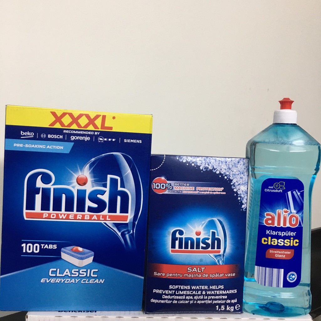 Combo 100 Viên finish + 1000ml Bóng Alio (HOẮC DENKMIT )+1.5kg muối rửa bát finish dùng cho Máy rửa bát