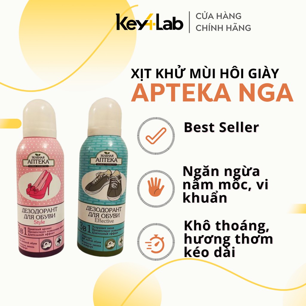 Xịt khử mùi hôi giày, mùi hôi chân Apteka Nga giúp khô thoáng hương thơm mát 100ml Key4