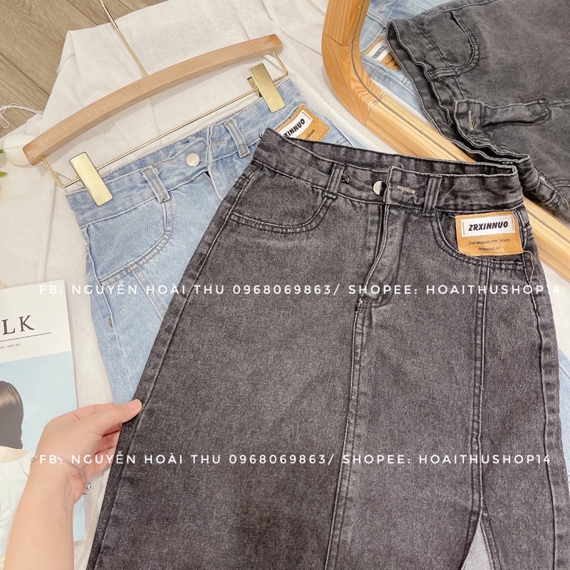 Chân váy denim xẻ tà dáng dài cạp cao hothit - Hoaithustore