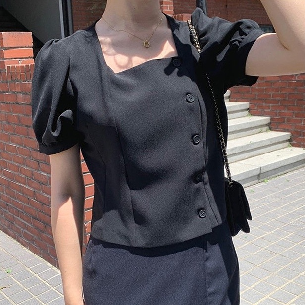 SUXI Áo Sơ Mi Tay Ngắn Cổ Vuông Màu Sắc Đơn Giản Phong Cách Hàn Quốc Thời Trang Mùa Hè Cho Nữ