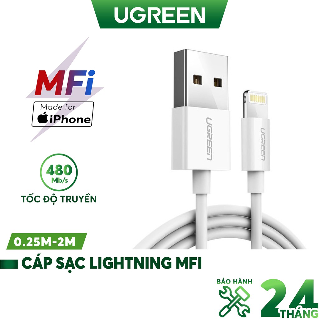 Cáp USB Lightning MFi dùng cho iPhone 5/5s/6/6s iPad hoặc iPod, dài từ 0.25-2m UGREEN US155